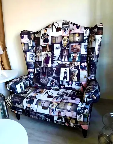 MARINA HOME CELEBRITY LOVE SEAT SOFA COUCH VOGUE COLLAGE PRINT DESIGNER Fashionista