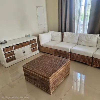 Rattan Wicker 5-seater Sofa with Cushions + Matching Coffee Ottoman
