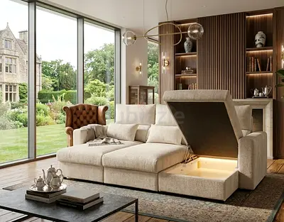 Corner Sofa with Storage Premium L-shape sofa bed in cream color. Spacious storage under the chaise,
