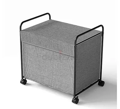 Small Grey Fabric Storage Trolley on Wheels - Foldable Seat  Lid