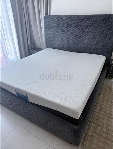 Queen size upholstered bed frame with mattress - grey