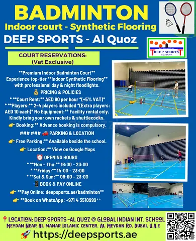 💡Badminton Play Day or Night! Top-Tier Indoor Court in Al Quoz 🏸