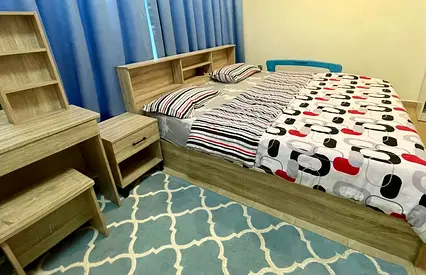 Queen bed with headboard storage, matching bedside table and dresser - good condition