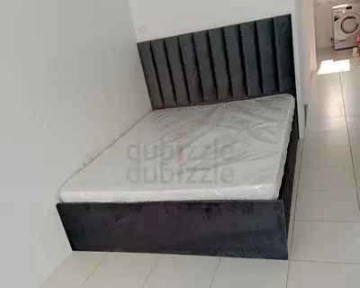 Grey velvet double bed with mattress - good condition