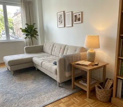 Brand New L-Shape Sofa in elegant beige fabric. Comfortable seating with a modern design, perfect f