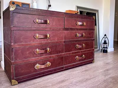 Luxury Leather Campaign Chest / Trunk Style Dresser | 8 Drawers | Marina Home