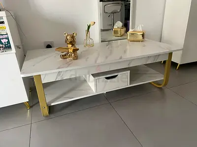 Marble-effect Coffee Table with Gold Legs and Storage Drawer