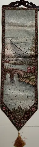 Handmade Tapestry Wall Hanging with Mountain and Bridge Scene