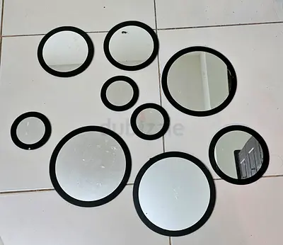 Set of 9 Round Wall Mirrors with Black Frames - Decorative Cluster