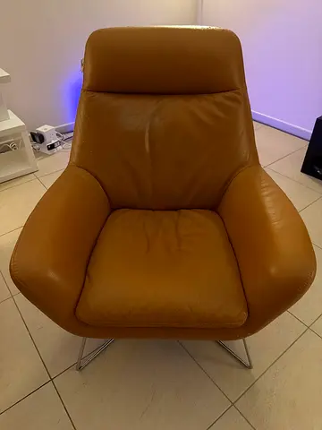 Tan Leather Lounge Armchair with Metal Base