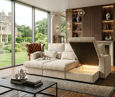 Luxury Storage Sofa Bed – Cream Beautiful modern design with hidden storage and pull-out bed functio
