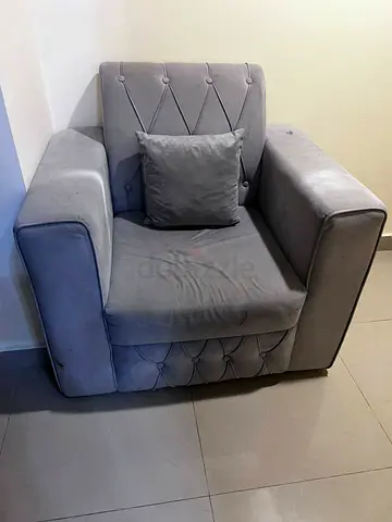 Grey Velvet Single Armchair with Cushion - Good Condition, 2 pcs
