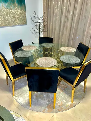 Glass Dining Table  Velvet Gold/Black Chairs