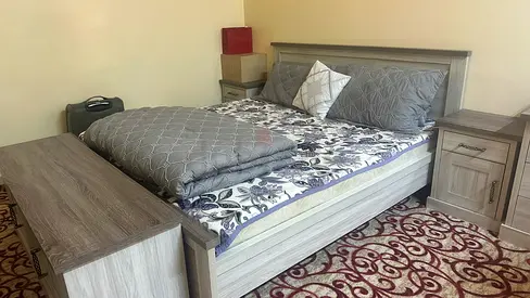 Queen size wooden bed with matching bedside tables and tv table - light grey