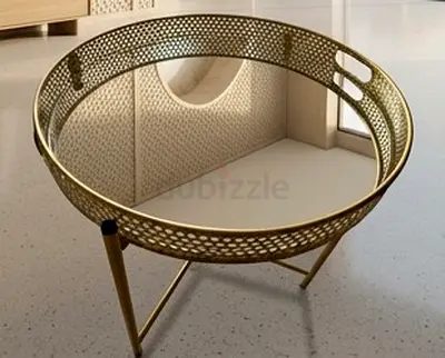 Gold Metal Round Folding Side Table with Tray Top