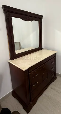 Wooden Dresser with Marble Top and Large Mirror - Classic Design