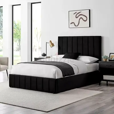Black Upholstered Bed Frame with Tall Padded Headboard - Queen