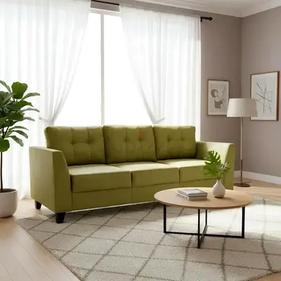 Olive green velvet upholstered 3 seater sofa
