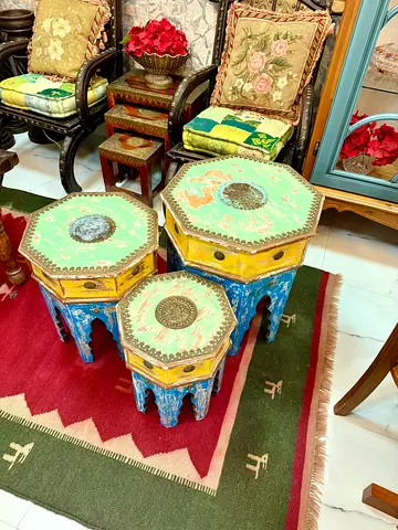 Set of 3 Hand-Painted Moroccan Nesting Accent Tables - Distressed Vintage Look