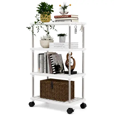 White 4-Tier Rolling Shelf Unit with Metal Supports — Compact Storage Organizer