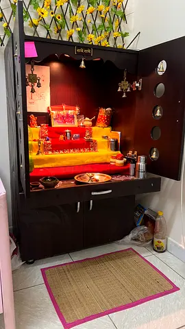 Wooden Pooja Mandir (Temple) Cabinet with Storage - Dark Finish.