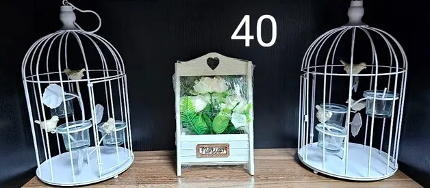 Set of 2 White Decorative Birdcages with Floral Lantern