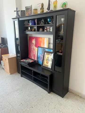 Large Dark Wood Entertainment Center / Wall Unit with Shelves and Glass Doors