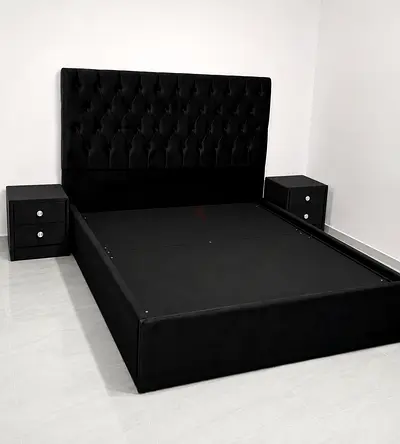 Brand New Black Tufted Velvet Queen size Bed Frame with Headboard and Matching Nightstands