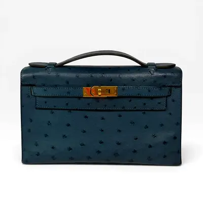 AUTHENTIC HERMÉS KELLY POCHETTE IN COLVERT OSTRICH WITH GOLD HARDWARE