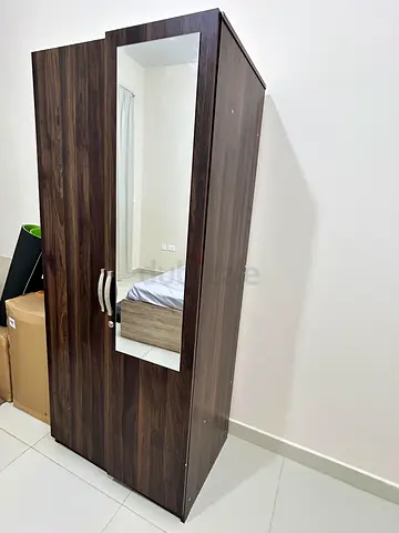 Dark wood modern 2-door wardrobe with mirror - good condition