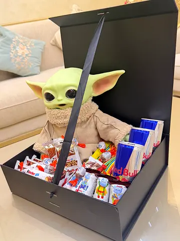 Baby Yoda (Grogu) plush gift box with candies and Red Bull - used