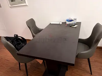 Dark Wood Dining Table with 4Grey Upholstered Chairs - Good Condition