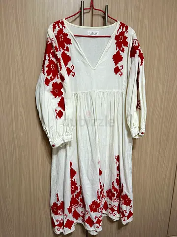 Linen White V-neck Midi Dress with Red Floral Embroidery, Long Sleeves - S