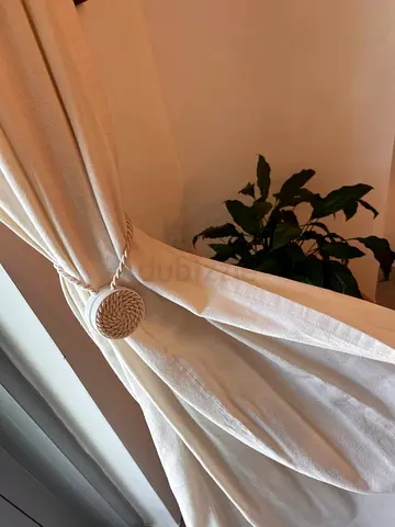Light beige fabric curtains with woven rope tieback - set of 2 (used)