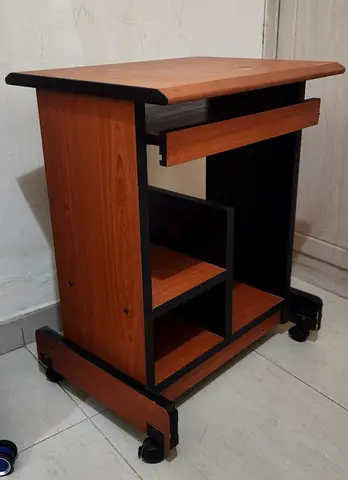 Compact mobile computer/side table with drawer and shelves on wheels