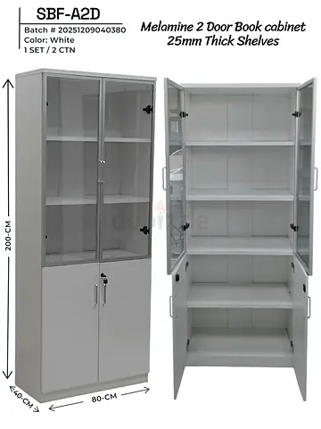 Melamine 2-Door Book Cabinet with Glass Upper Doors (200cm, White)