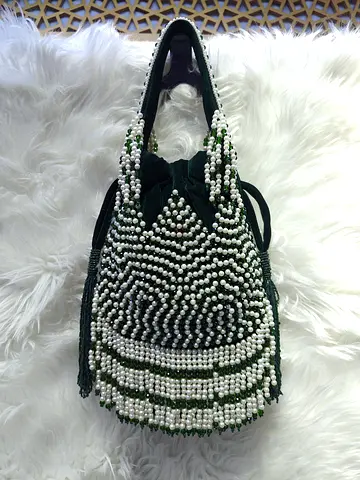Handmade Green Velvet Beaded Bucket Bag - Pearl Embellished