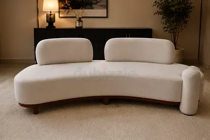 Curved Cream Fabric Sofa with Wooden Base - Modern 4-Seater