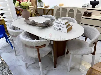 Solid Wood Dining Table with 6 Upholstered Chairs - Modern Minimalist Set