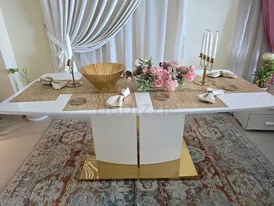 Modern White Dining Table with Gold Base - Seats 6