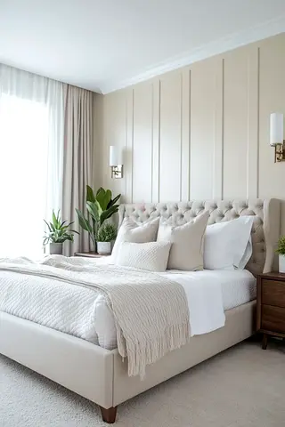 Beige tufted upholstered bed frame with headboard - Queen