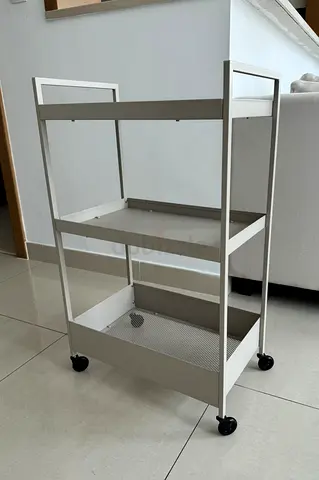 Simple white metal 3-tier utility trolley on wheels - good condition