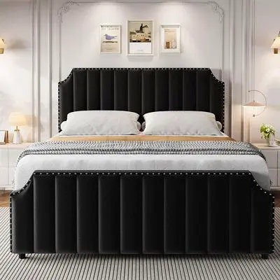 King Size Velvet Bed Frame with Padded Headboard  - Black