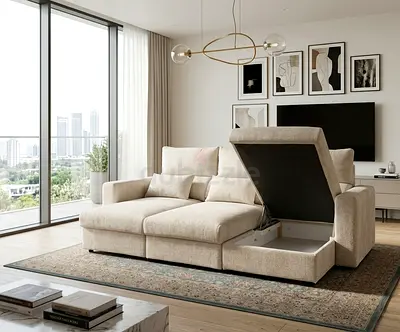 Elegant L-Shape Sofa Bed High-quality cream fabric sofa with built-in storage. Comfortable cushions,