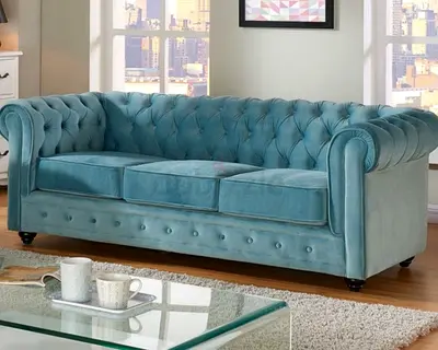 Classic Chesterfield 3 Seater Sofa in Light Blue Velvet
