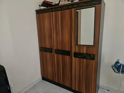 Wooden 3-door Wardrobe with Mirror - Good Condition