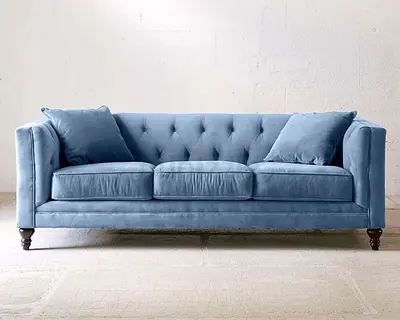 Comfortable Light Blue Velvet 3-Seater Chesterfield Sofa