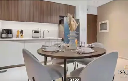 Round dining table with 4 upholstered chairs - modern set