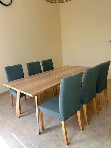 Solid Wood Dining Table with 6 Chairs with green washable cover 120x90