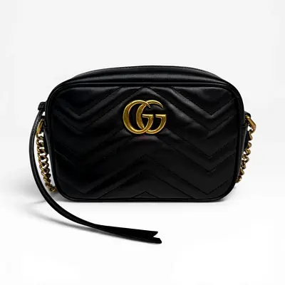 Authentic GUCCI SMALL MARMONT CAMERA BAG IN BLACK LEATHER WITH GOLD HARDWARE